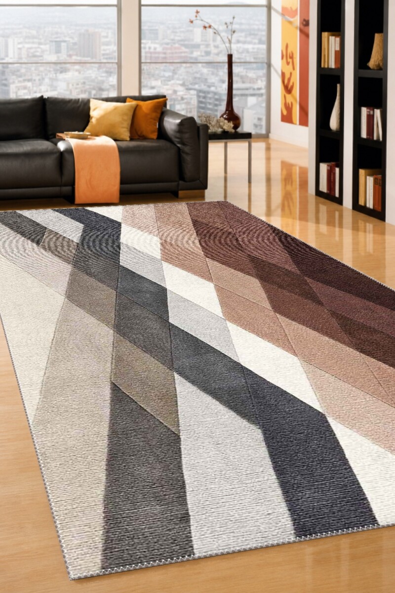 Soyut Çapraz Bant Modern Dekoratif Salon Halısı – Antrasit Gri Bej Bordo