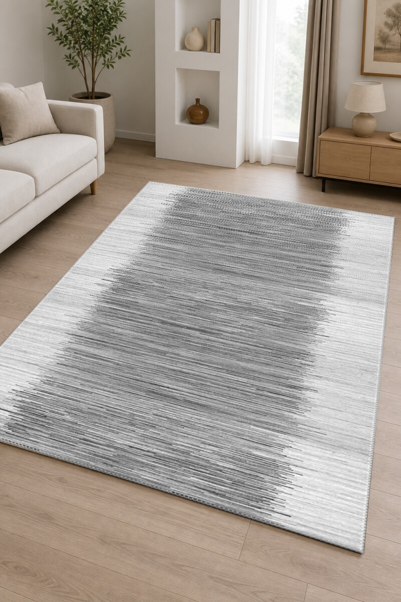 Soyut Dikey Çizgili Minimalist Dekoratif Salon Halısı – Gri Beyaz