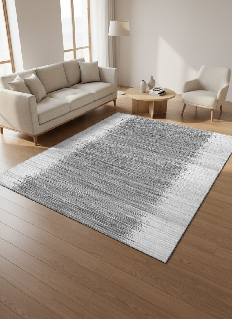 Soyut Dikey Çizgili Minimalist Dekoratif Salon Halısı – Gri Beyaz
