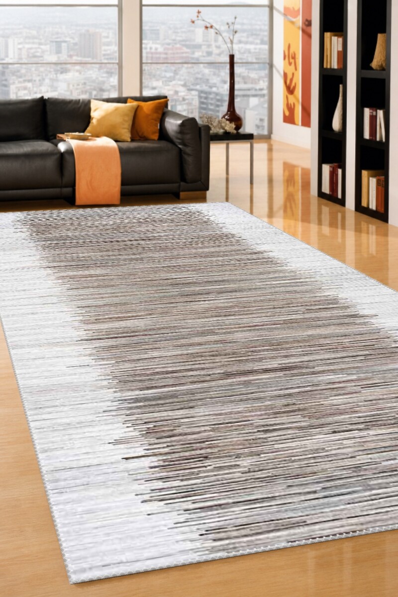 Soyut Dikey Çizgili Dekoratif Salon Halısı – Bej Kahve Gri