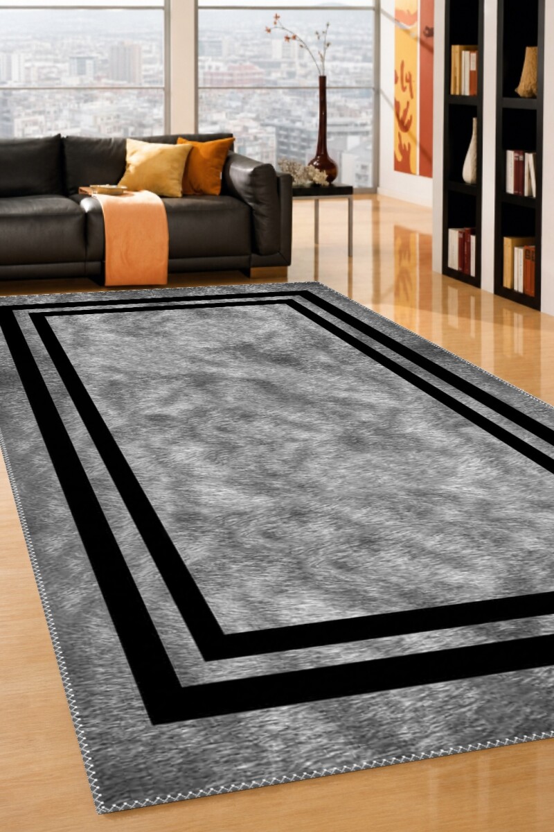 Peluş Kürk Dokulu Çerçeveli Dekoratif Salon Halısı – Gri Siyah