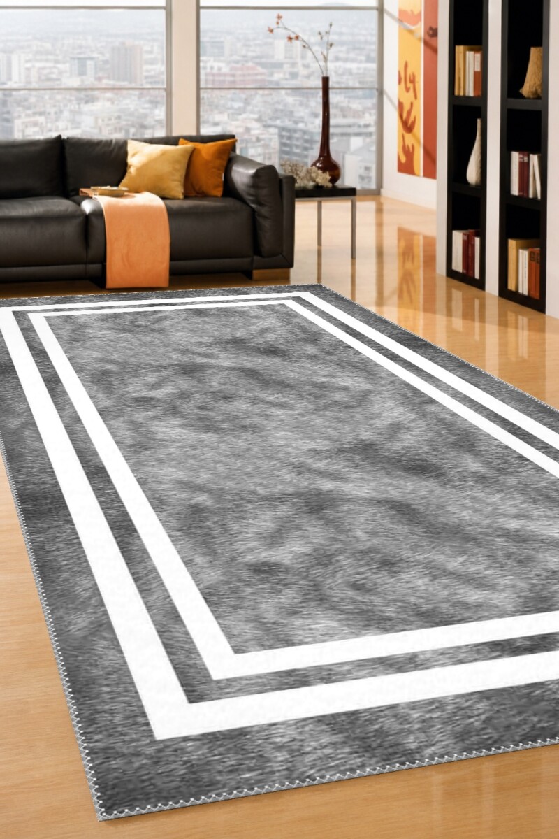 Peluş Kürk Dokulu Çerçeveli Dekoratif Salon Halısı – Gri Beyaz
