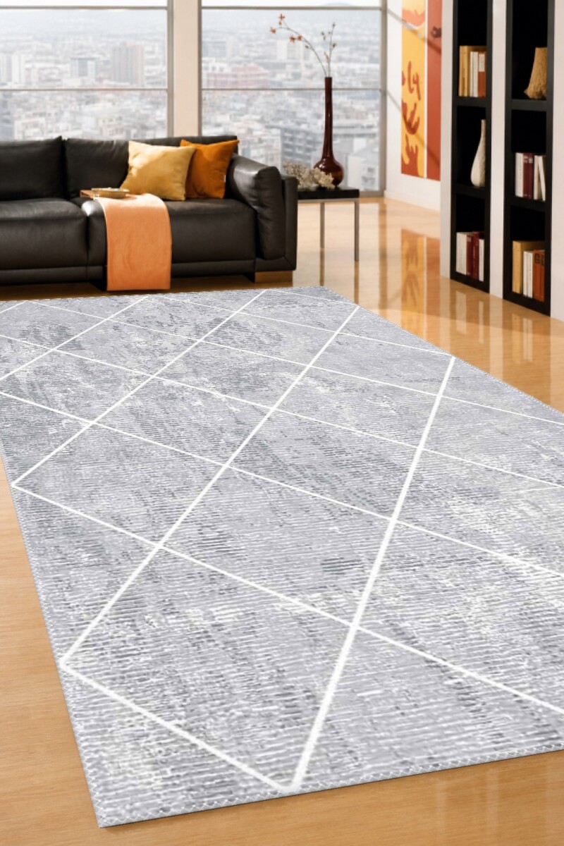 Eskitme Elmas Geometrik Ağ Desenli Dekoratif Salon Halısı – Gri Beyaz