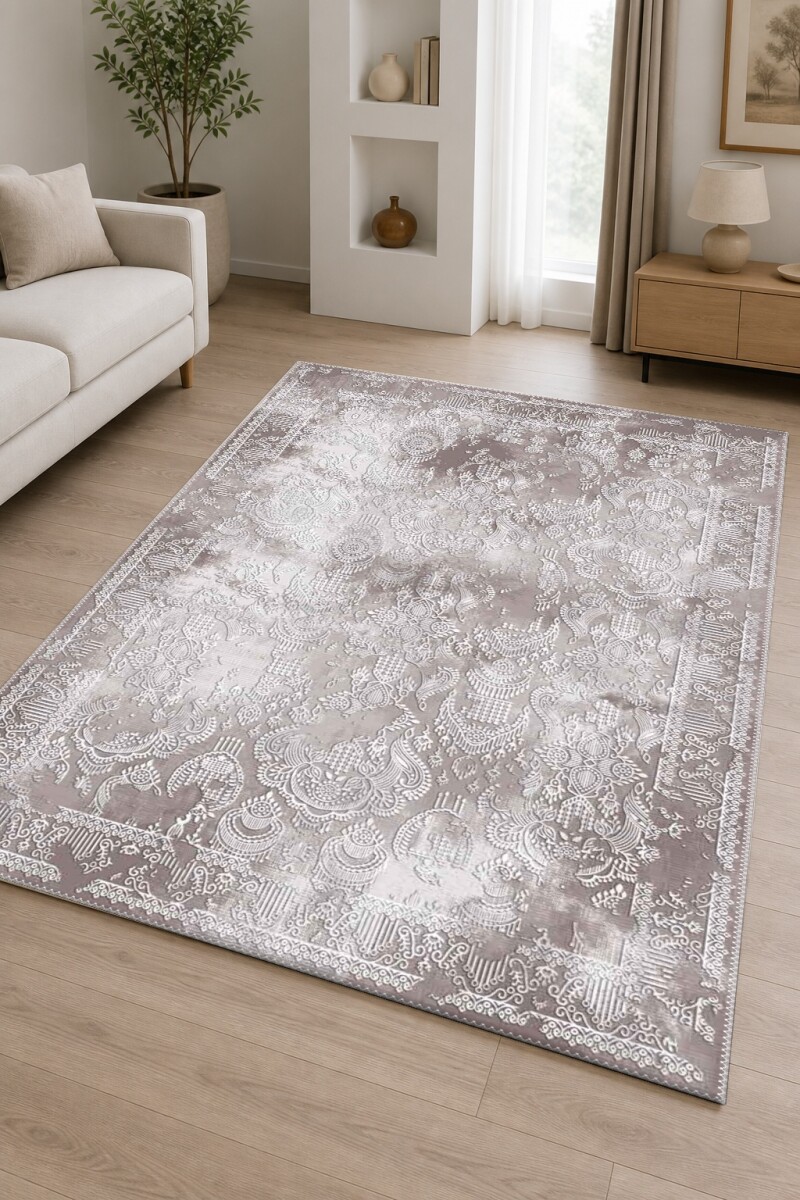 Klasik Osmanlı Damask Eskitme Dekoratif Salon Halısı – Gri Bej Beyaz