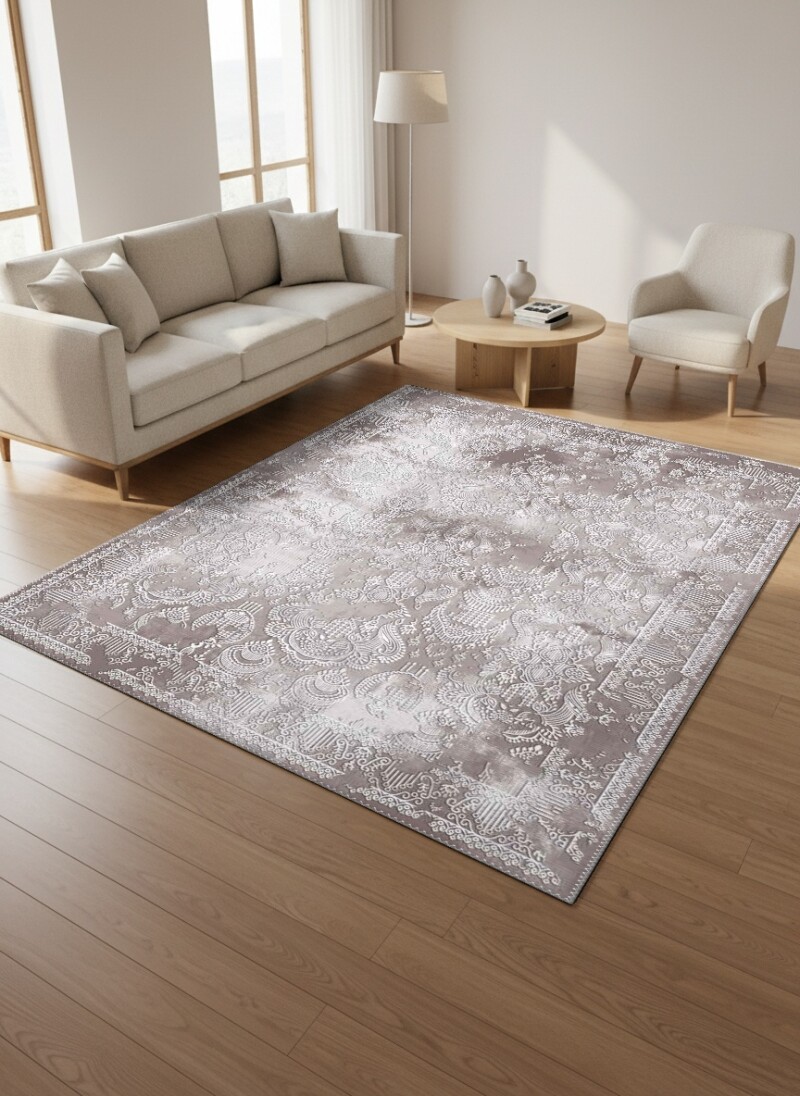 Klasik Osmanlı Damask Eskitme Dekoratif Salon Halısı – Gri Bej Beyaz