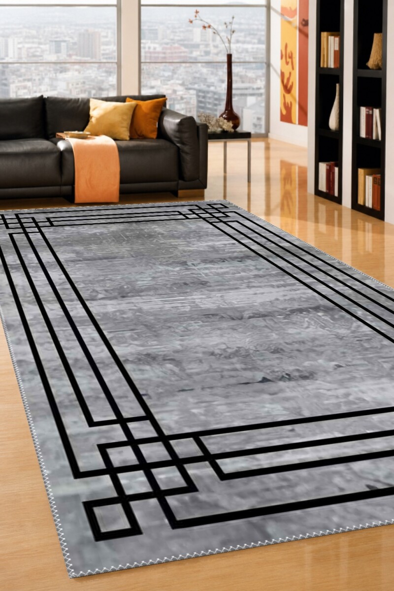 Eskitme Çiçekli Dokulu Art Deco Çerçeveli Dekoratif Salon Halısı – Gri Siyah