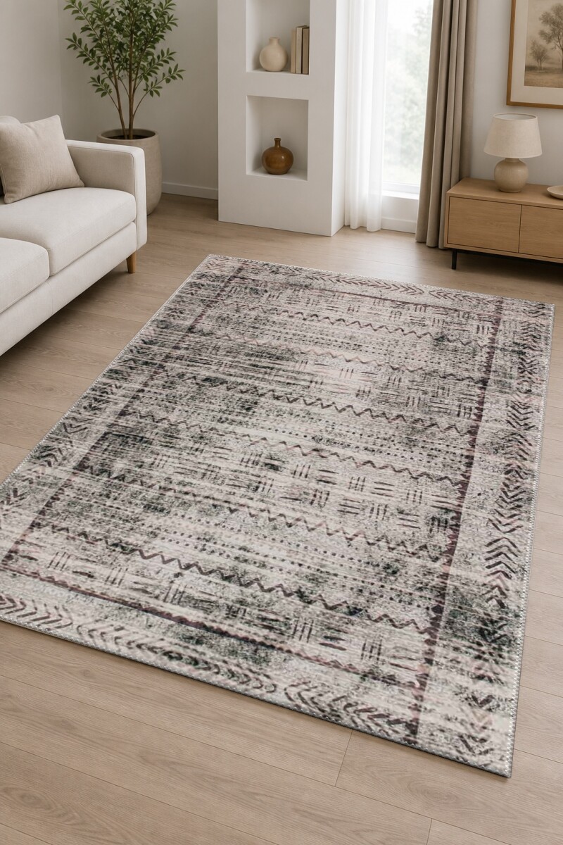 Berber Tribal Zigzag Chevron Desenli Dekoratif Salon Halısı – Bej Gri Siyah