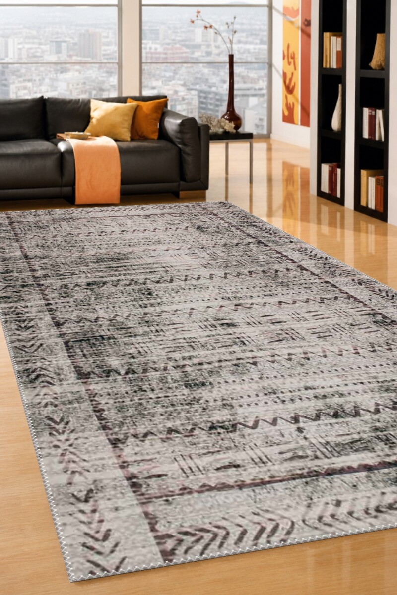 Berber Tribal Zigzag Chevron Desenli Dekoratif Salon Halısı – Bej Gri Siyah