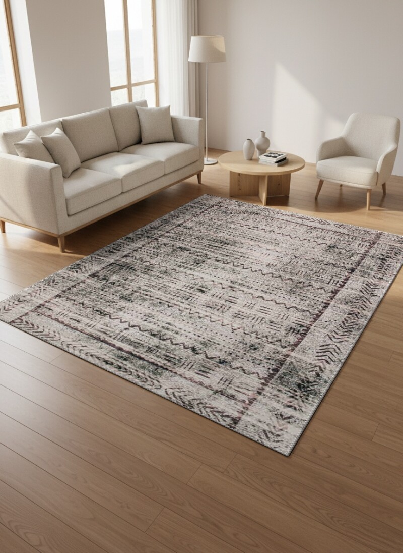 Berber Tribal Zigzag Chevron Desenli Dekoratif Salon Halısı – Bej Gri Siyah