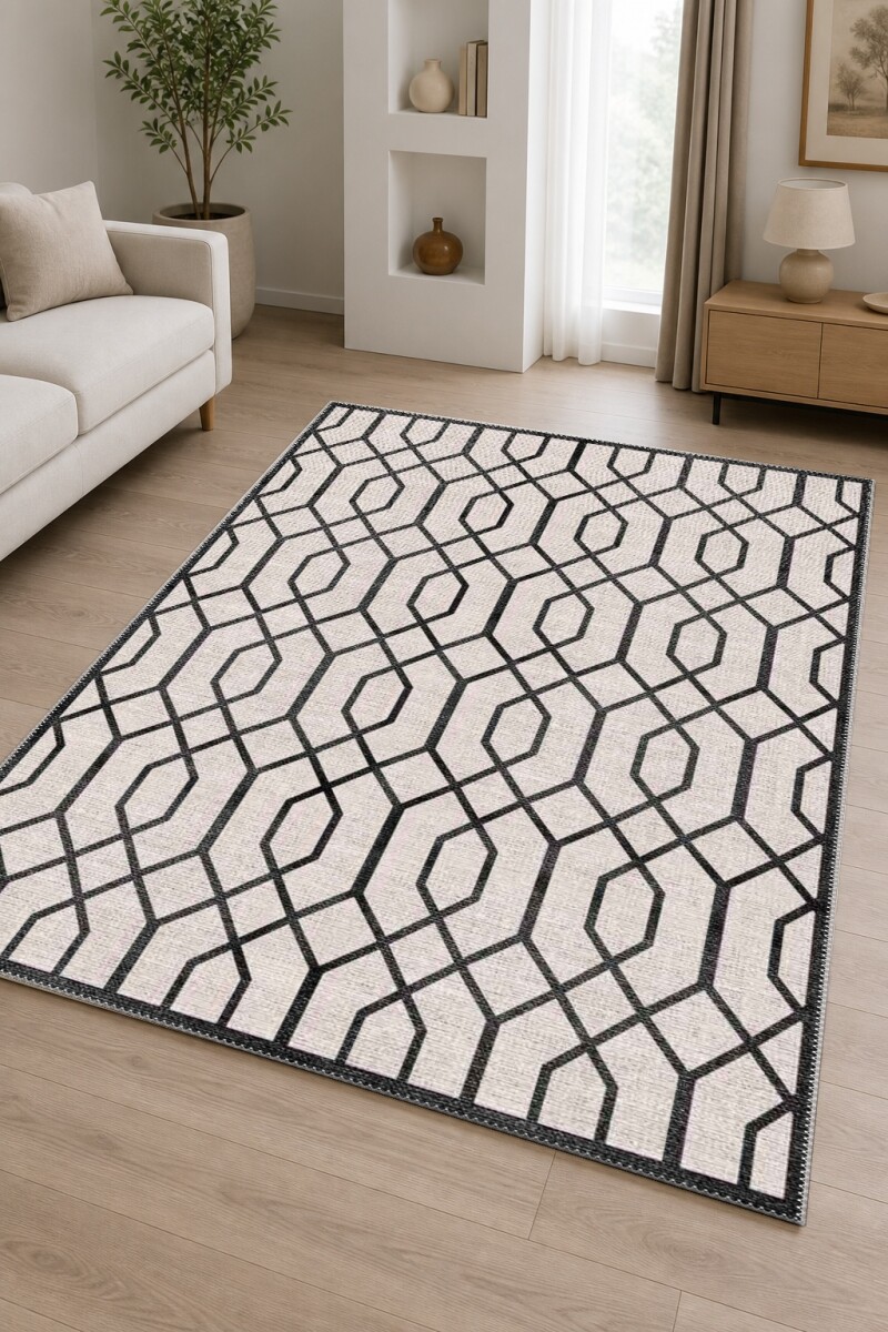Trellis Kafes Örgü Geometrik Desenli Dekoratif Salon Halısı – Krem Siyah
