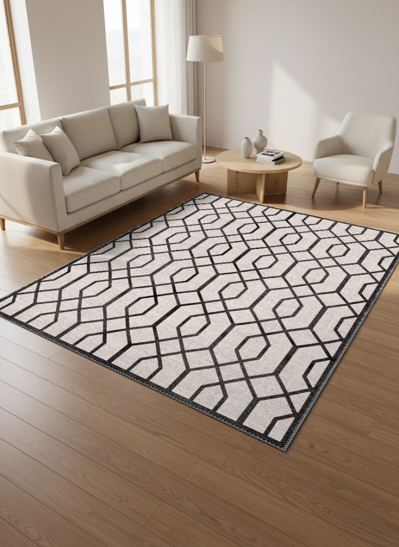 Trellis Kafes Örgü Geometrik Desenli Dekoratif Salon Halısı – Krem Siyah