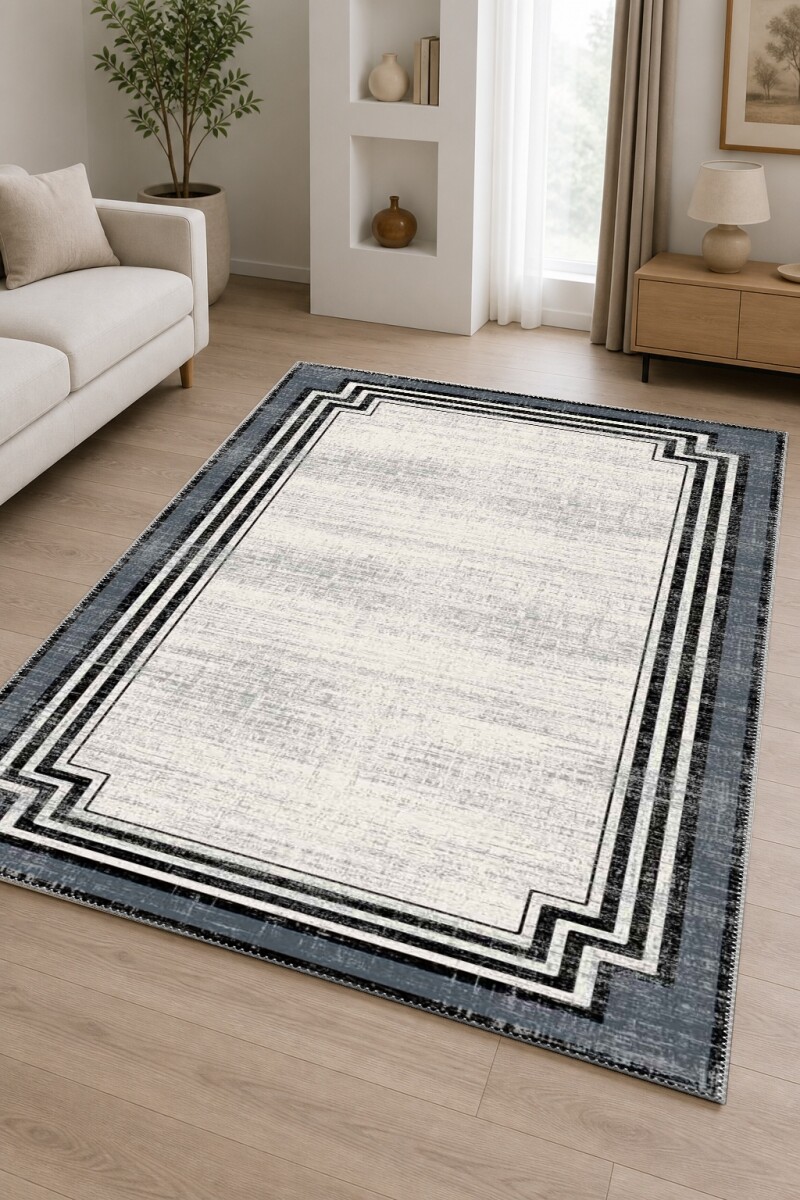Eskitme Köşeli Art Deco Çerçeveli Dekoratif Salon Halısı – Krem Antrasit