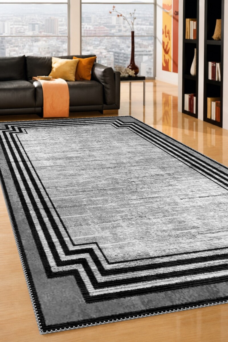 Eskitme Köşeli Art Deco Çerçeveli Dekoratif Salon Halısı – Gri Gümüş Siyah