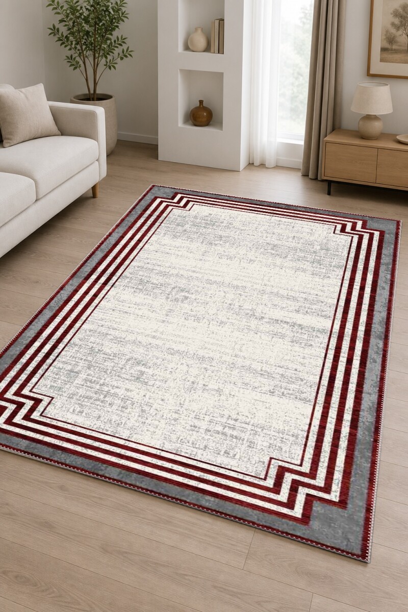 Eskitme Köşeli Art Deco Çerçeveli Dekoratif Salon Halısı – Krem Bordo