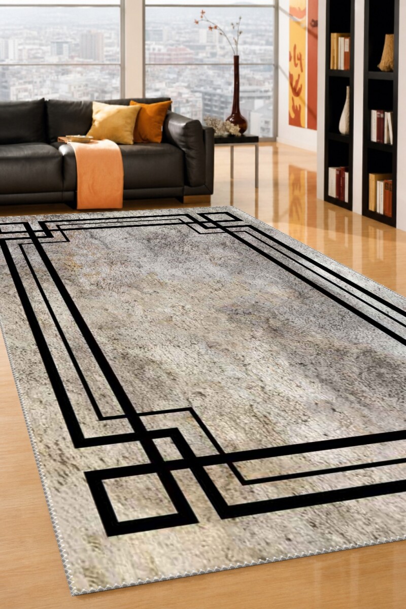 Beton Kumtaşı Dokulu Art Deco Çerçeveli Dekoratif Salon Halısı – Bej Gri Siyah