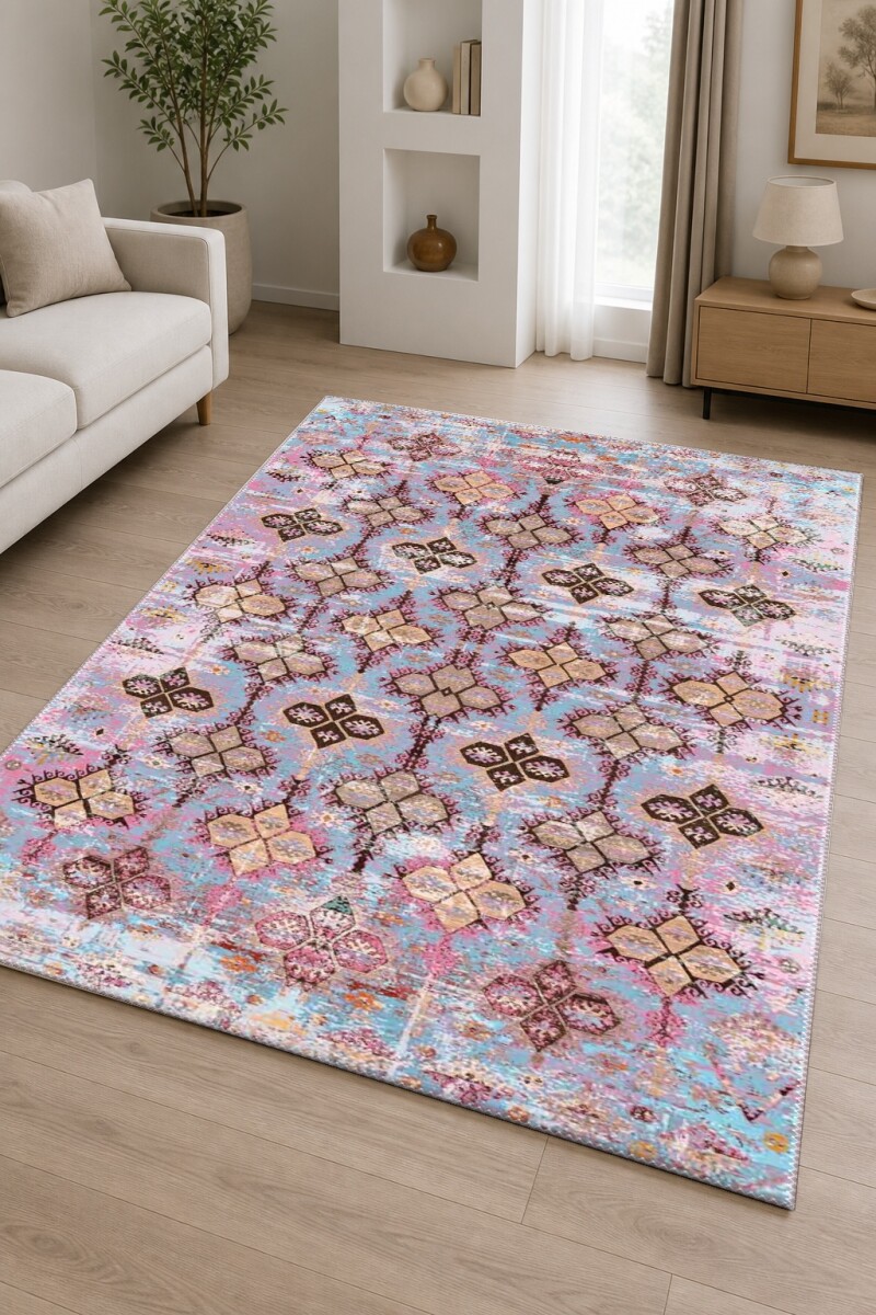 Eskitme Renkli Tribal Arabesk Madalyon Dekoratif Salon Halısı – Mavi Pembe Bej