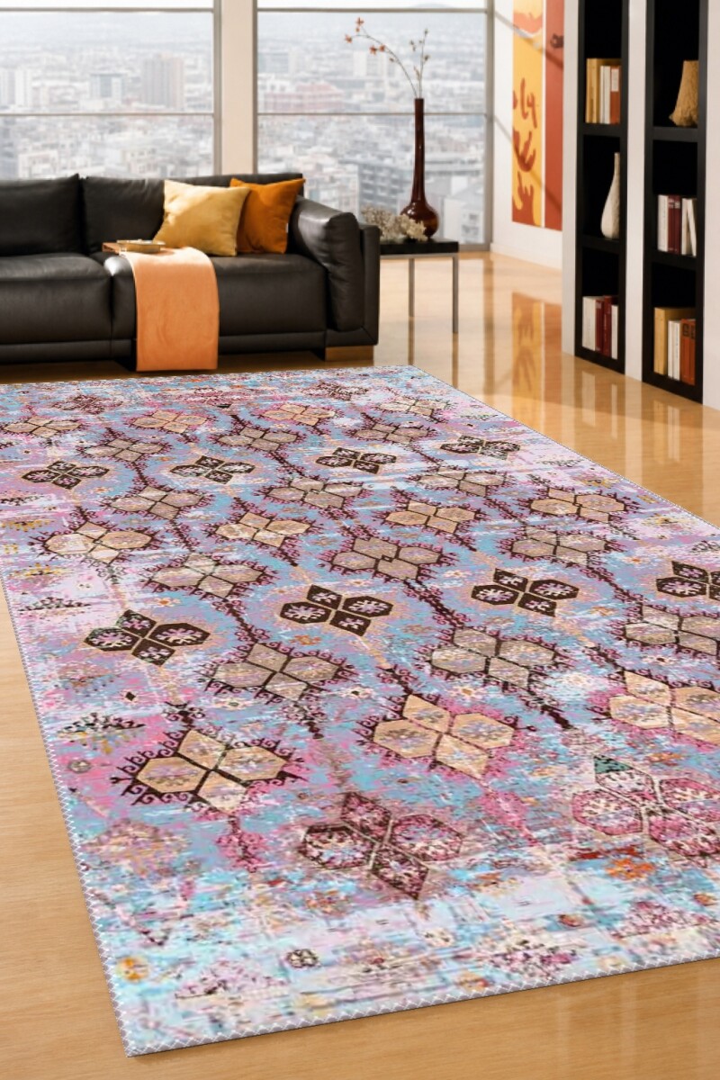 Eskitme Renkli Tribal Arabesk Madalyon Dekoratif Salon Halısı – Mavi Pembe Bej