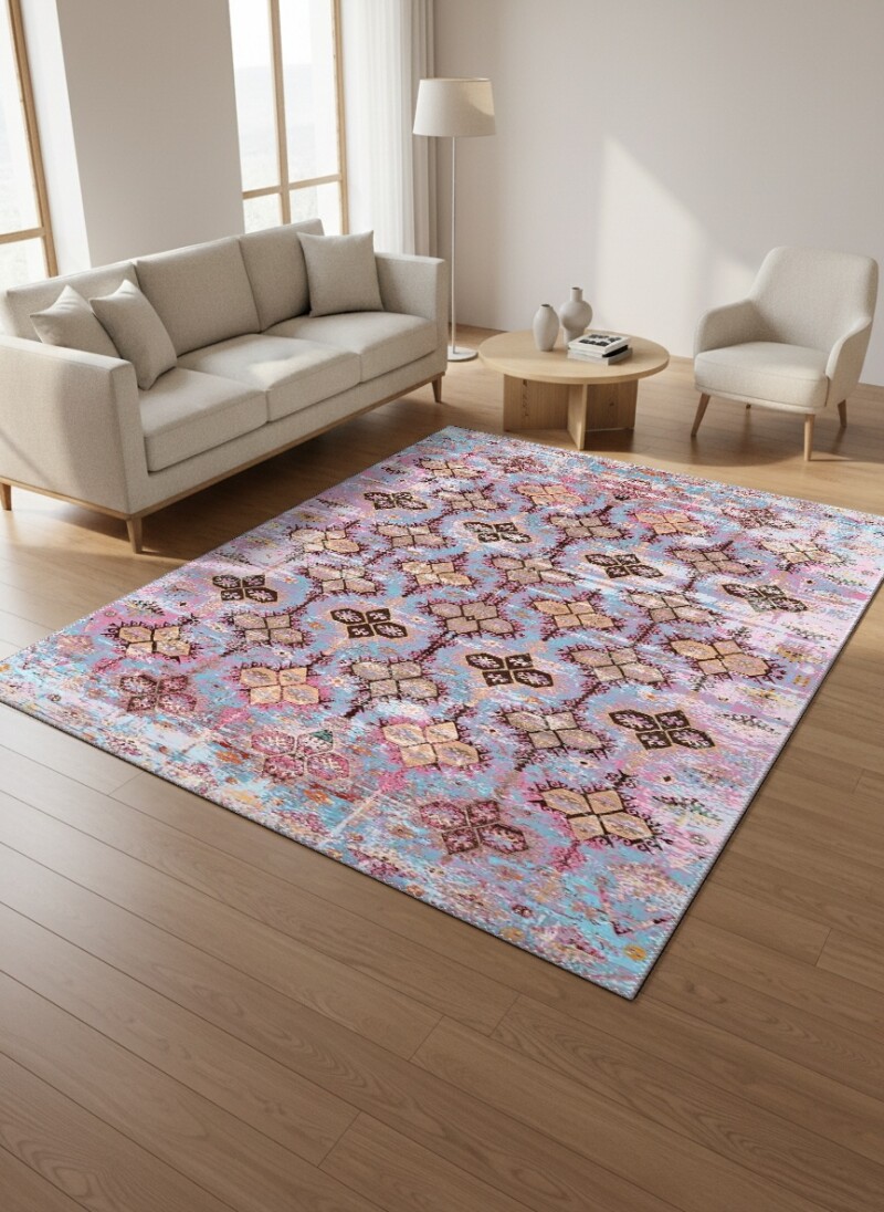 Eskitme Renkli Tribal Arabesk Madalyon Dekoratif Salon Halısı – Mavi Pembe Bej