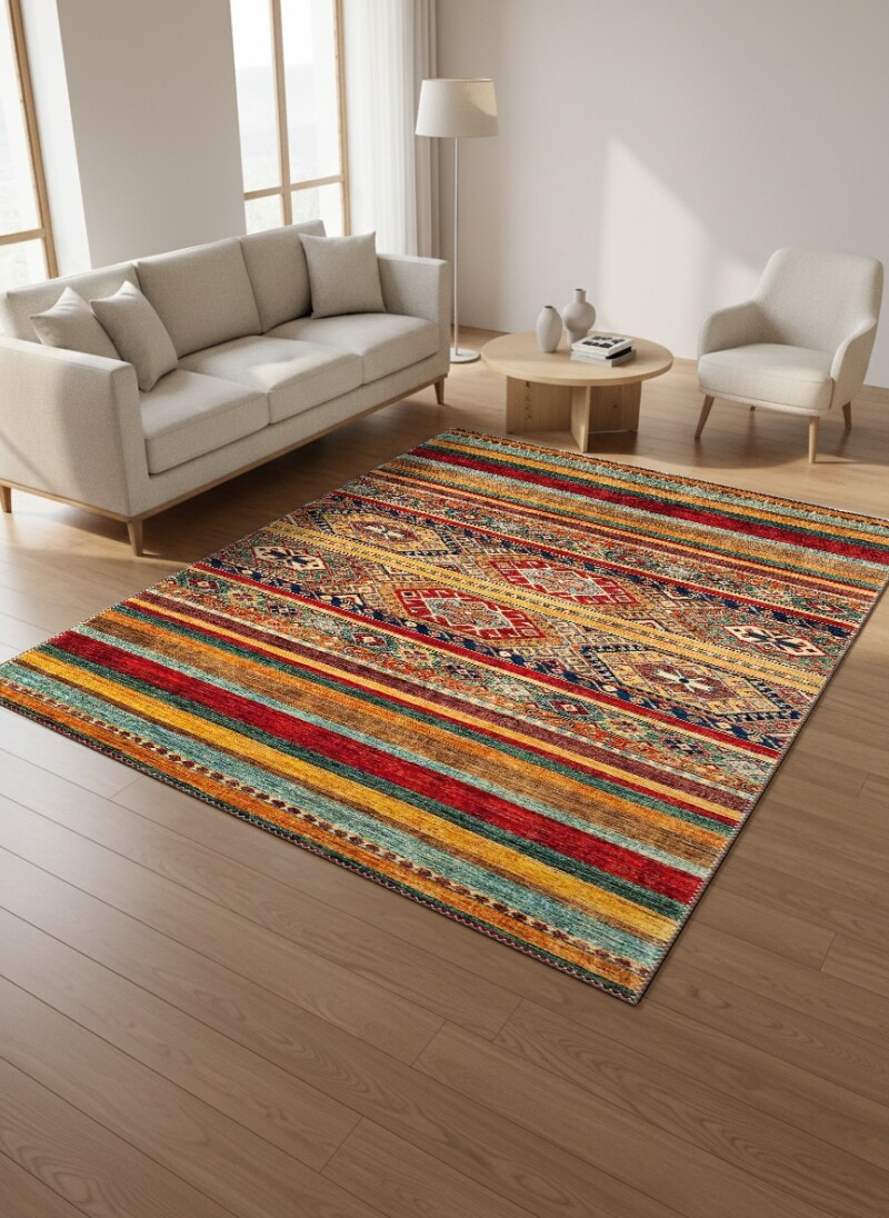 Kazak Kilim Şeritli Geometrik Madalyon Dekoratif Salon Halısı – Çok Renkli