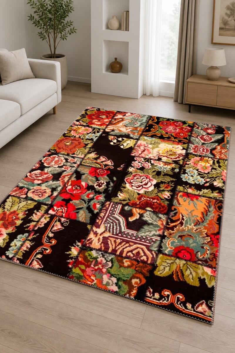 Patchwork Gül Kilim Kolaj Desenli Dekoratif Salon Halısı – Siyah Çok Renkli