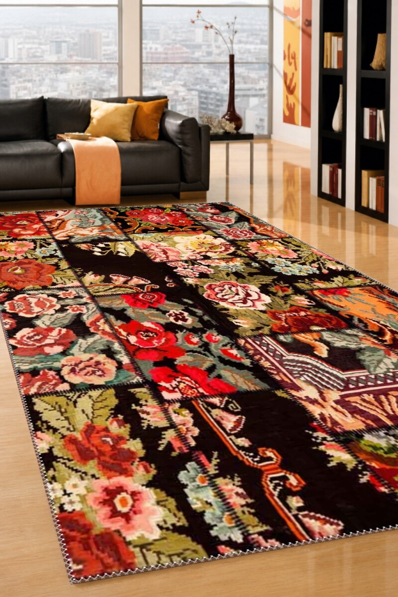 Patchwork Gül Kilim Kolaj Desenli Dekoratif Salon Halısı – Siyah Çok Renkli