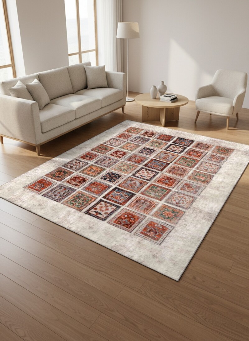 Patchwork Mini Kilim Kolaj Antika Desenli Dekoratif Salon Halısı – Krem Çok Renkli