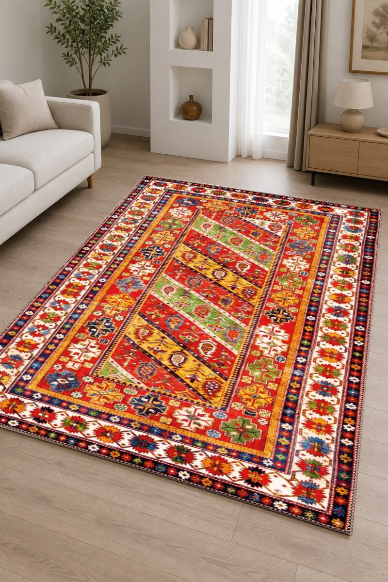 Kafkasya Kazak Diagonal Geometrik Şeritli Dekoratif Salon Halısı – Kırmızı Çok Renkli