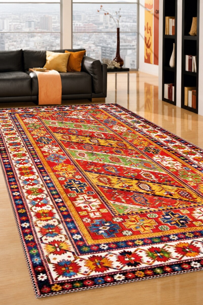 Kafkasya Kazak Diagonal Geometrik Şeritli Dekoratif Salon Halısı – Kırmızı Çok Renkli