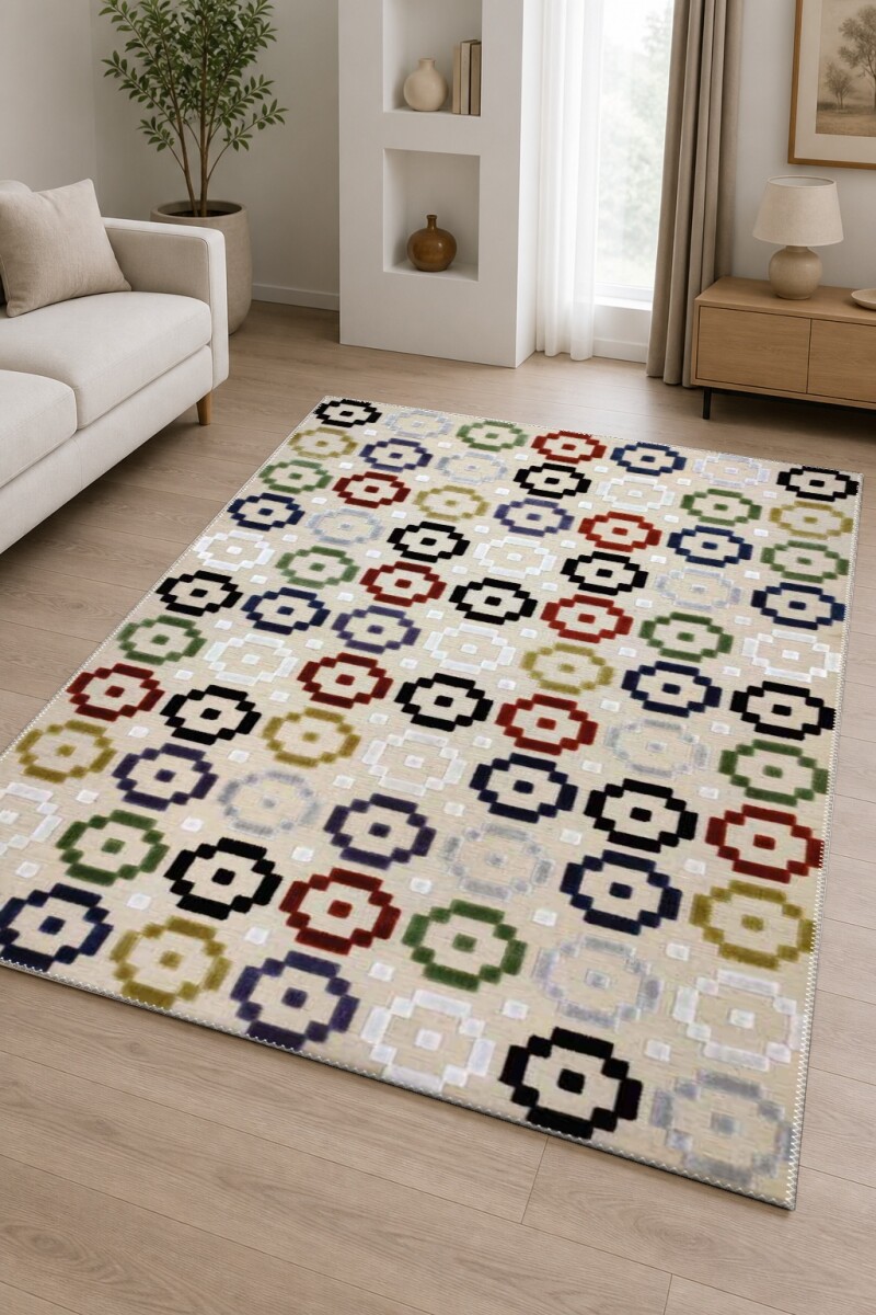 Modern Renkli Sekizgen Halka Geometrik Desenli Dekoratif Salon Halısı – Krem Çok Renkli