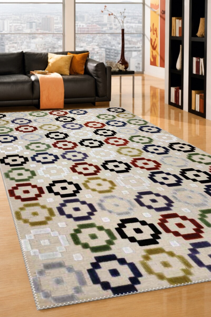 Modern Renkli Sekizgen Halka Geometrik Desenli Dekoratif Salon Halısı – Krem Çok Renkli