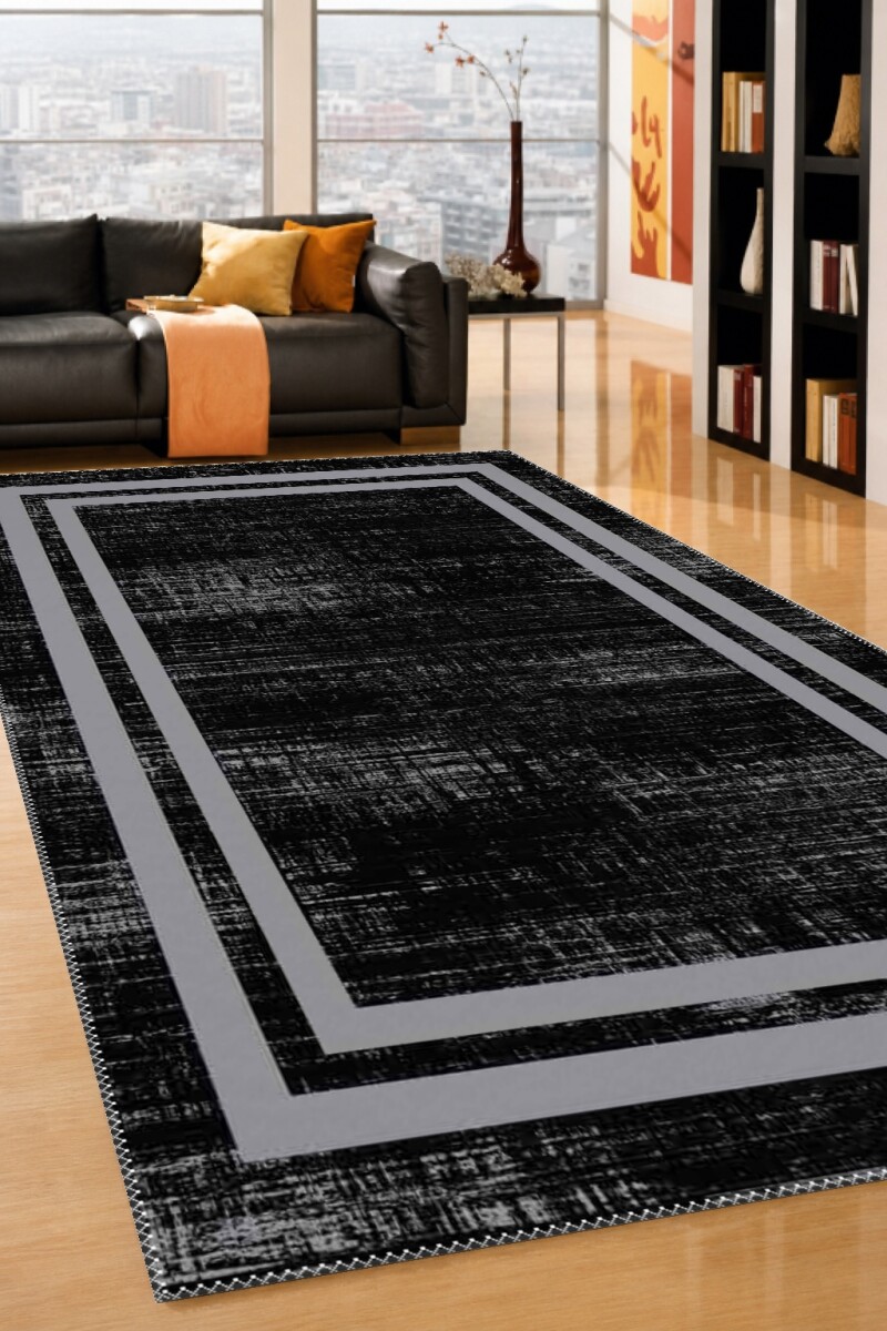 Minimalist Siyah Doku Gri Çerçeveli Dekoratif Salon Halısı – Siyah Gri