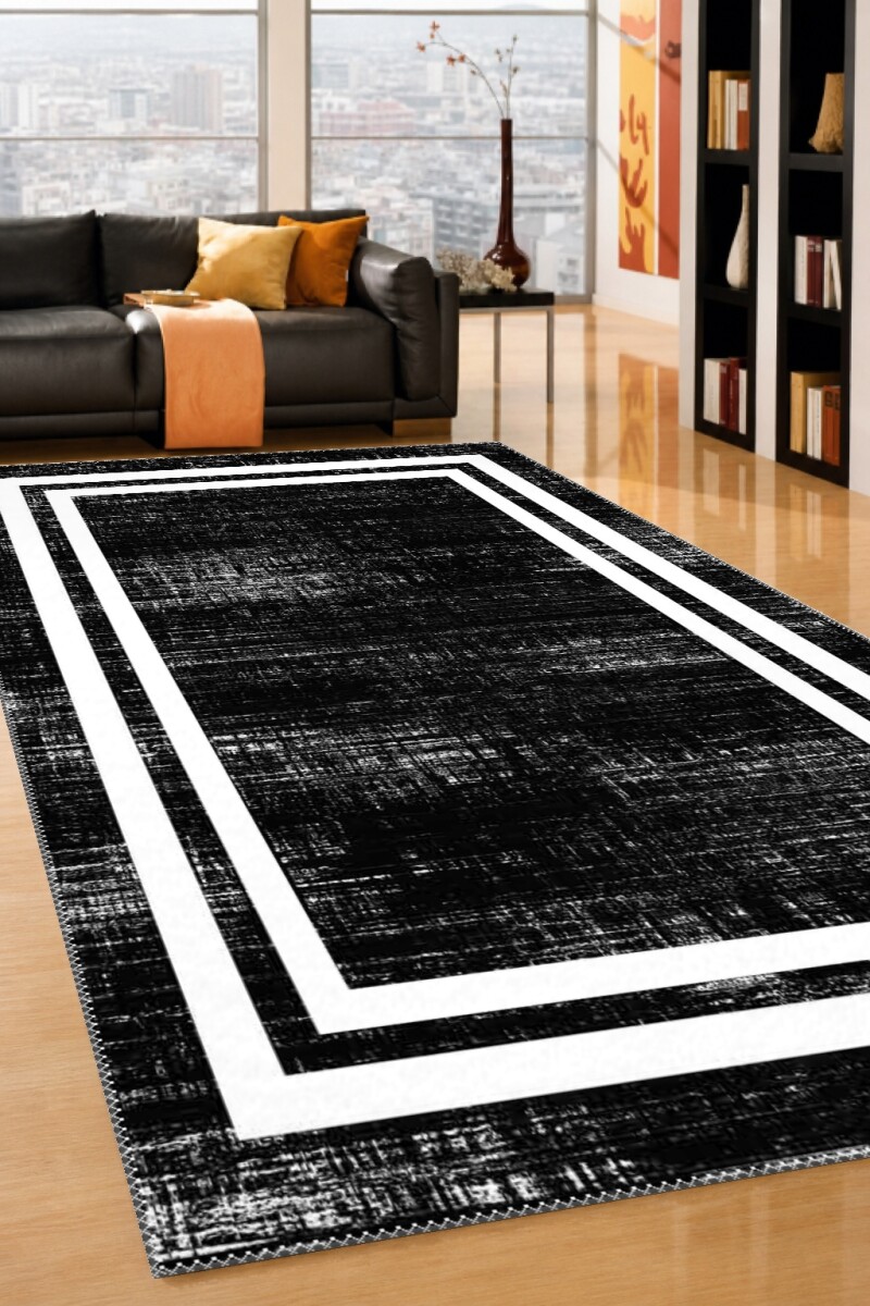 Minimalist Siyah Beyaz Kontraslı Çift Çerçeveli Dekoratif Salon Halısı – Siyah Beyaz