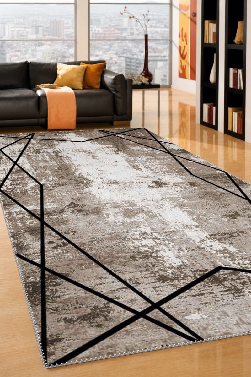 Modern Soyut Eskitme Siyah Geometrik Çizgili Dekoratif Salon Halısı – Gri Siyah