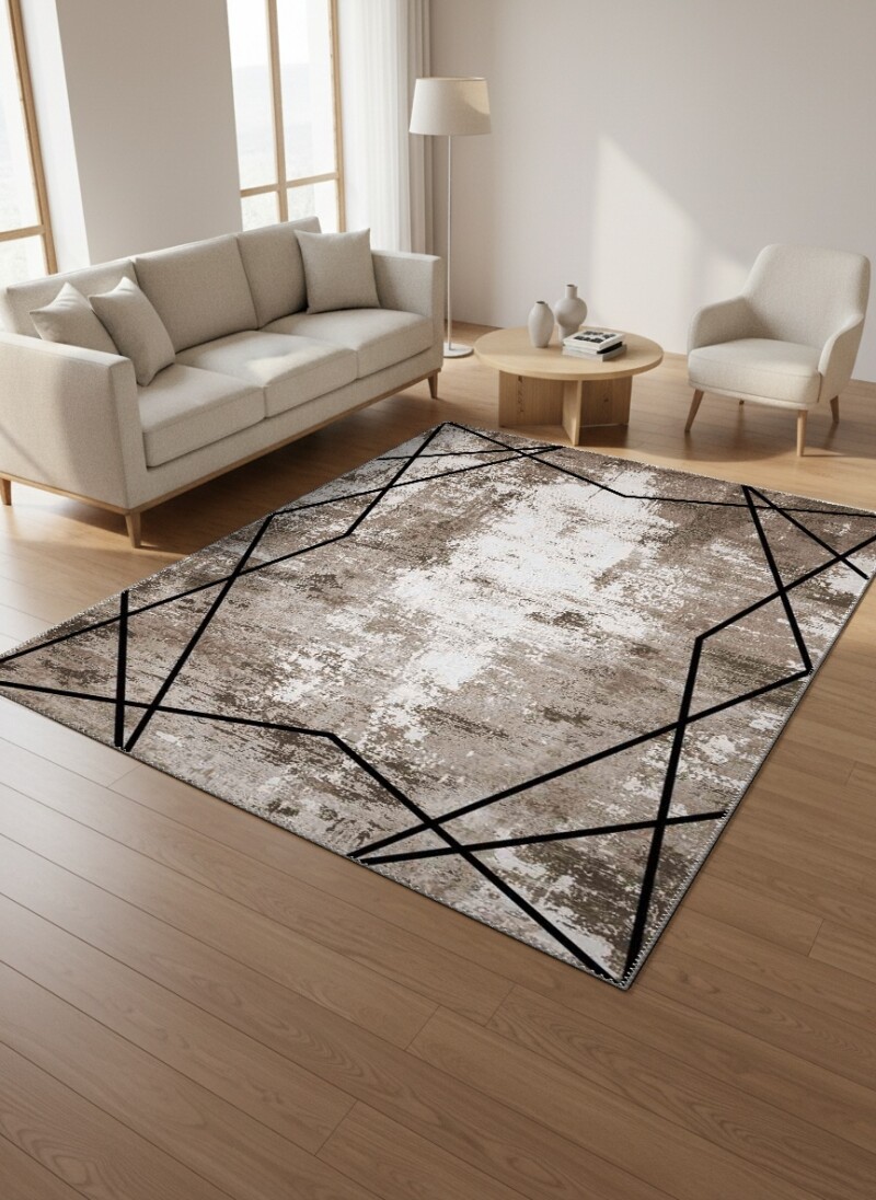 Modern Soyut Eskitme Siyah Geometrik Çizgili Dekoratif Salon Halısı – Gri Siyah