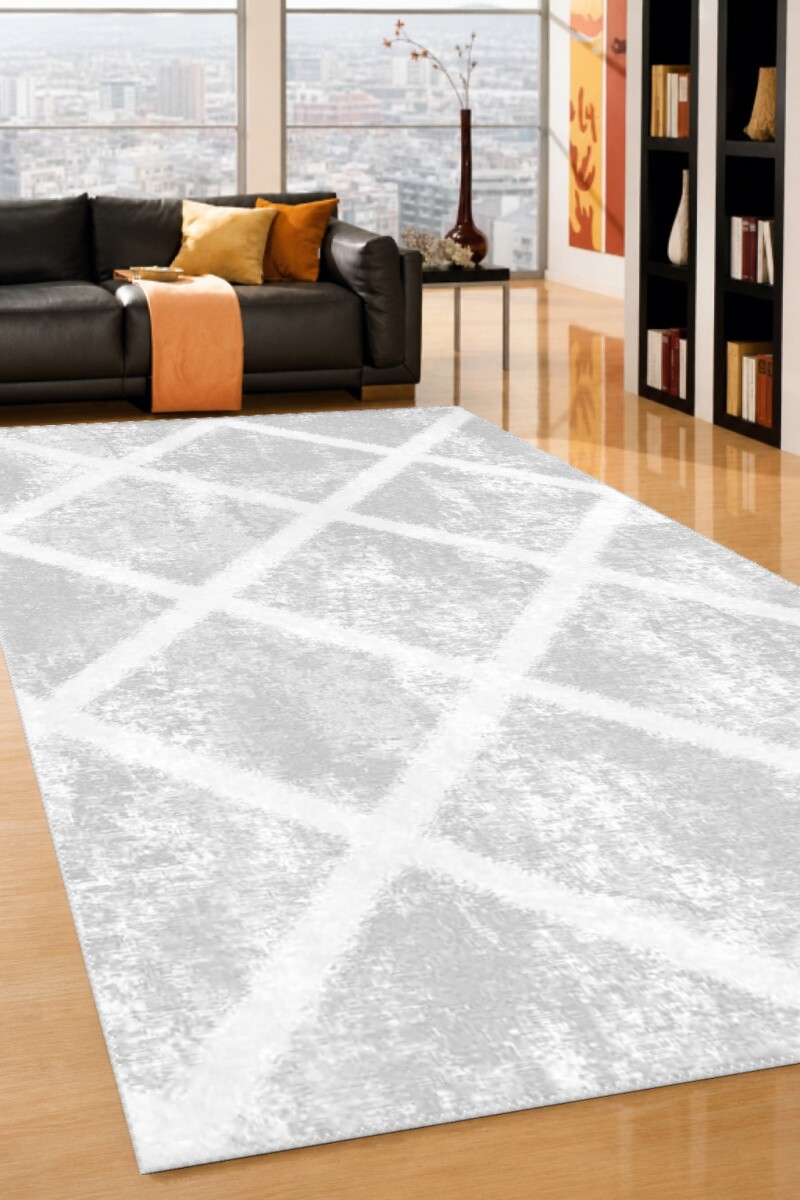 Minimalist Gümüş Elmas Trellis Dokulu Dekoratif Salon Halısı – Beyaz Gümüş