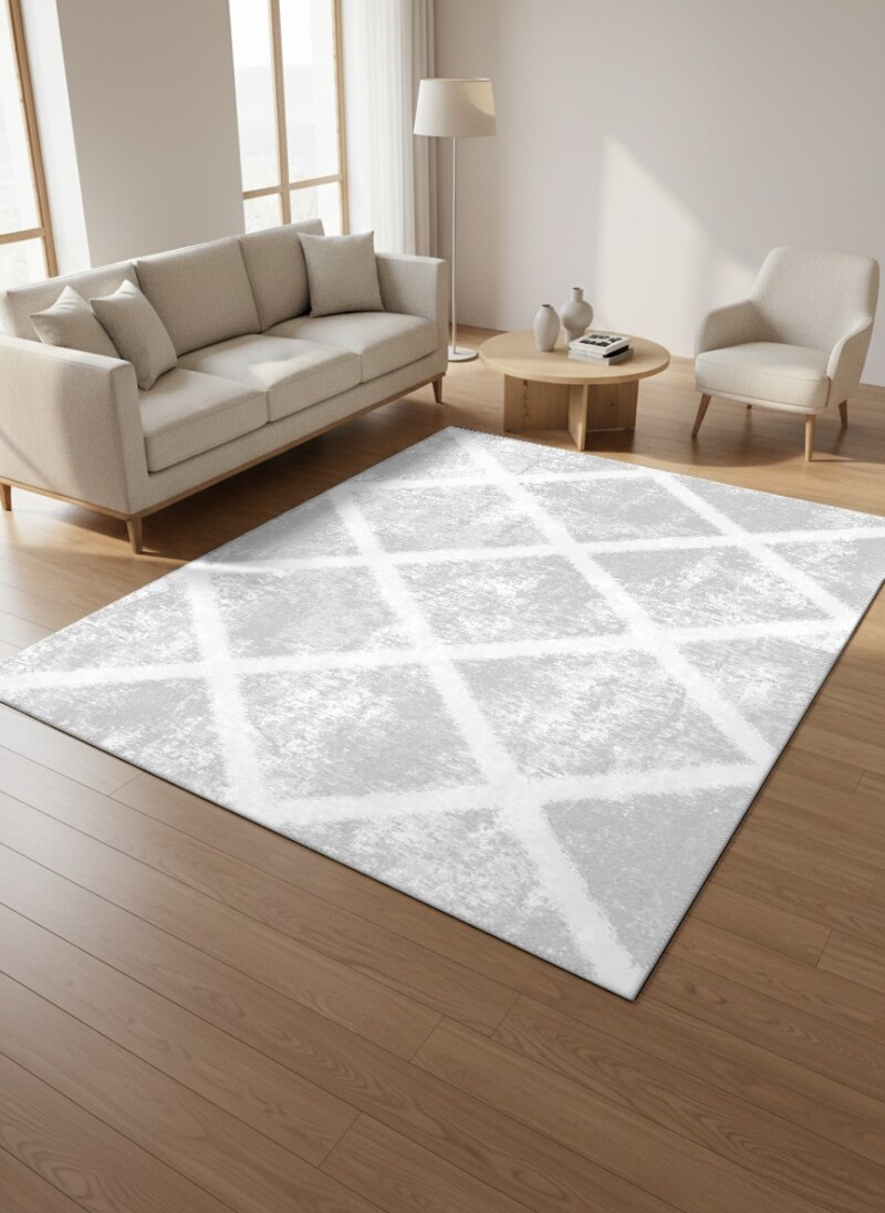 Minimalist Gümüş Elmas Trellis Dokulu Dekoratif Salon Halısı – Beyaz Gümüş