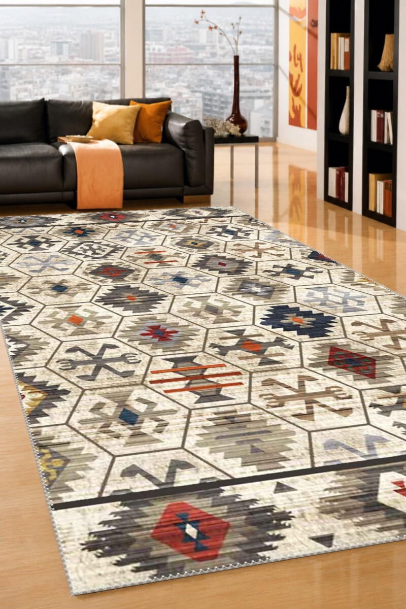 Anadolu Kilim Altıgen Kolaj Motifli Dekoratif Salon Halısı – Krem Çok Renkli