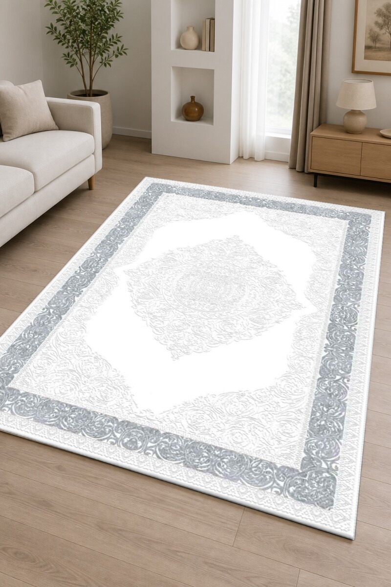 Narin Gümüş Arabesk Madalyon Kabartmalı Dekoratif Salon Halısı – Beyaz Gümüş