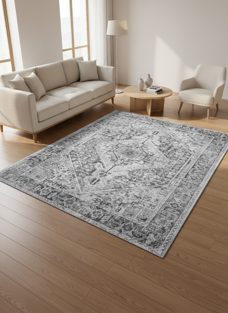 Monokrom Gri Eskitme Geometrik Madalyon Dekoratif Salon Halısı – Gri Beyaz
