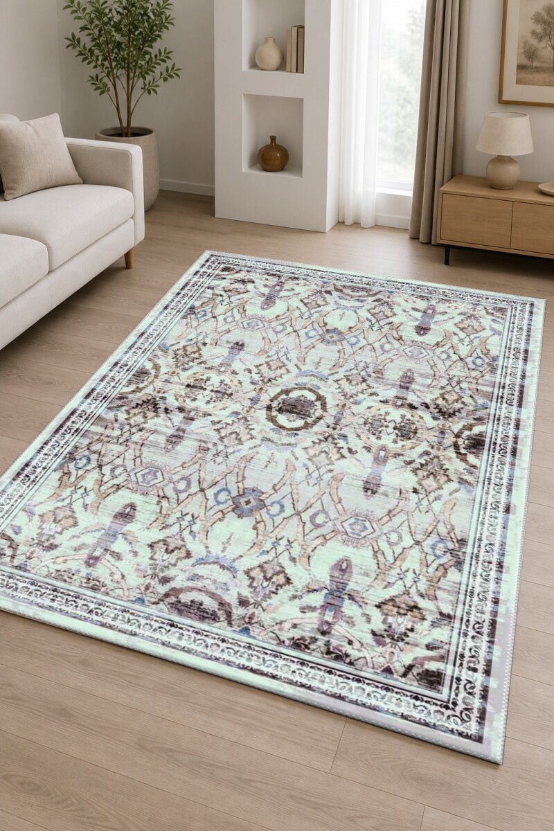 Eskitme Mint Ikat Trellis Madalyon Dekoratif Salon Halısı – Mint Kahve Mor