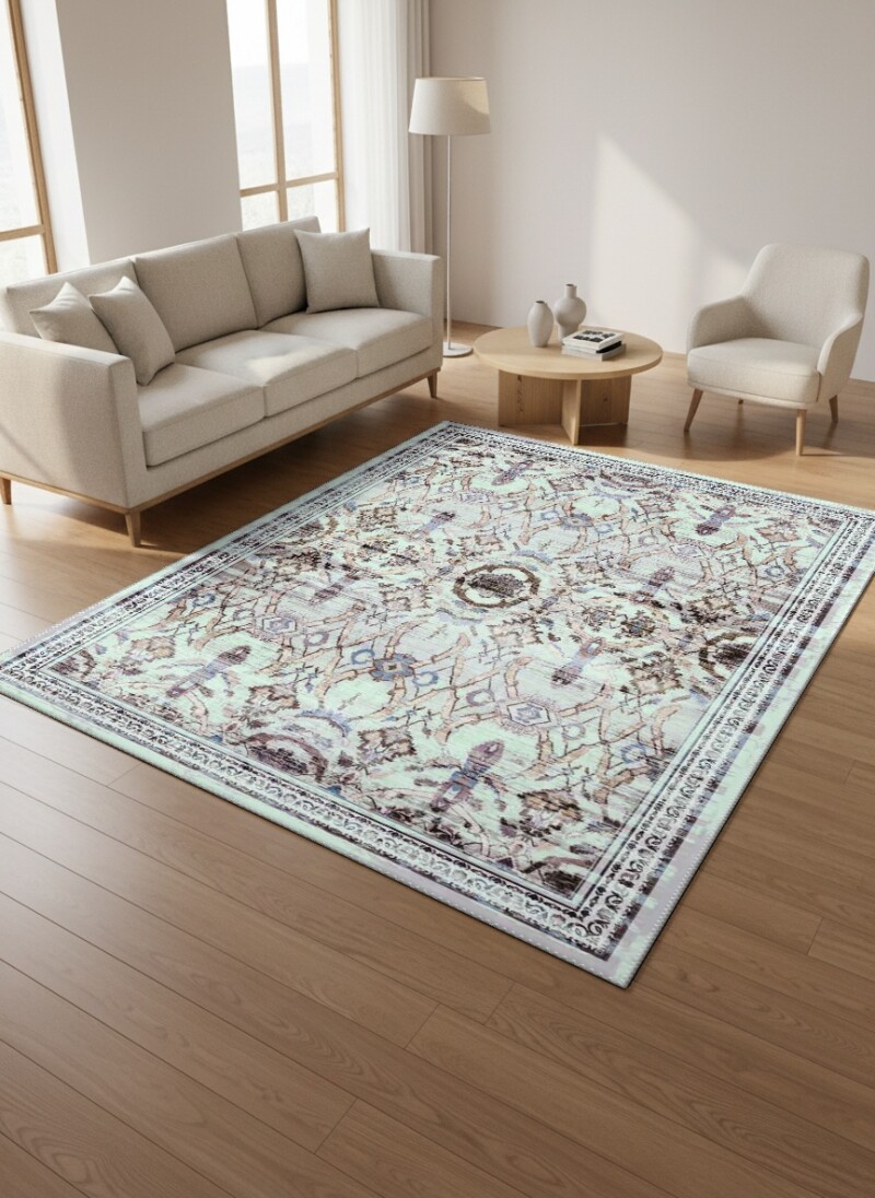 Eskitme Mint Ikat Trellis Madalyon Dekoratif Salon Halısı – Mint Kahve Mor