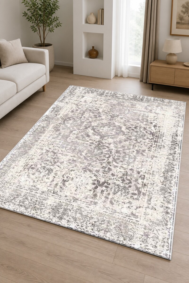 Eskitme Gri Damask Arabesk Tüm Yüzey Desenli Dekoratif Salon Halısı – Gri Beyaz