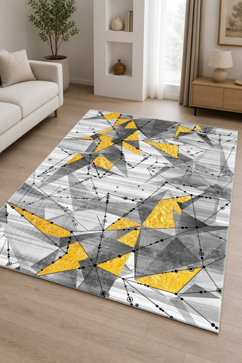 Modern Geometrik Constellation Altın Üçgenli Dekoratif Salon Halısı – Beyaz Gri Altın