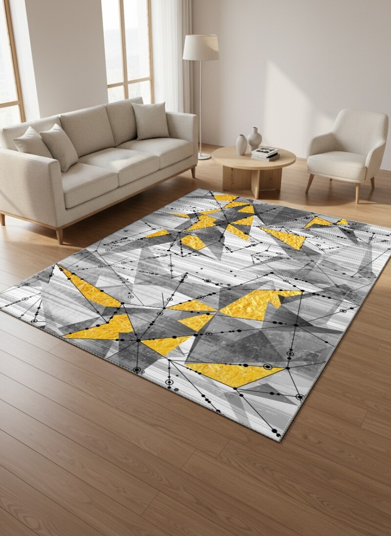 Modern Geometrik Constellation Altın Üçgenli Dekoratif Salon Halısı – Beyaz Gri Altın