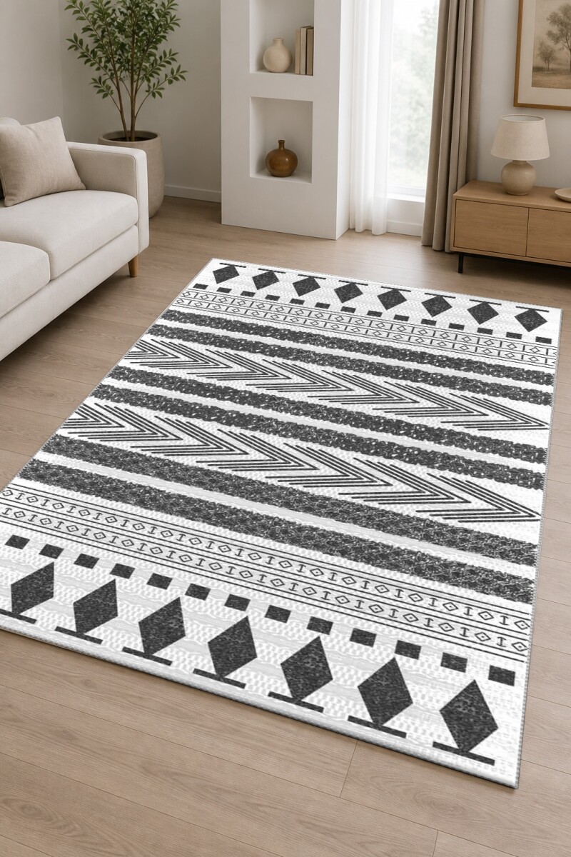 Aztek Tribal Şeritli Geometrik Desenli Dekoratif Salon Halısı – Siyah Beyaz