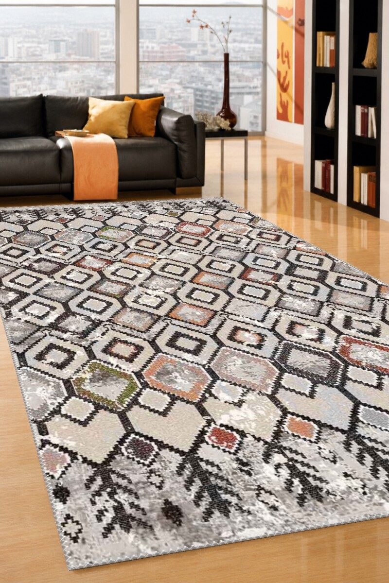 Eskitme Berber Elmas Kafes Çok Renkli Dekoratif Salon Halısı – Krem Siyah Terracotta