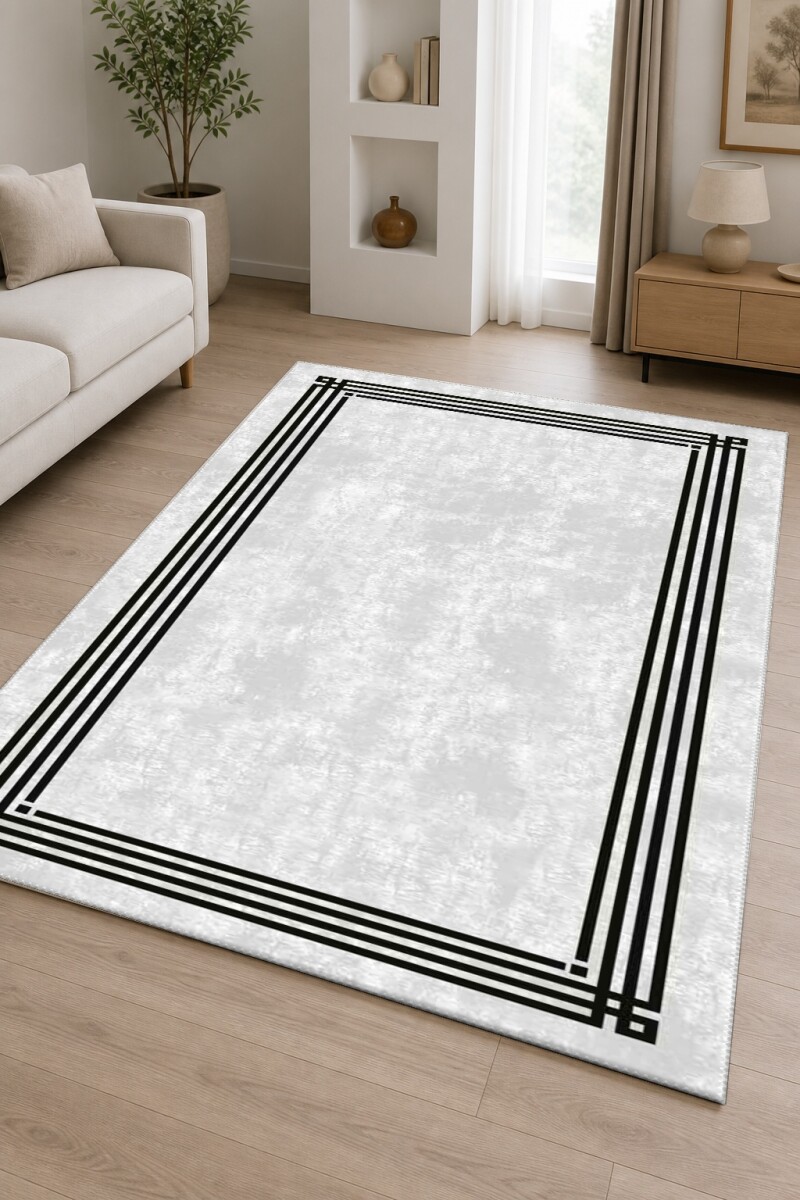 Minimalist Gri Mermer Doku Üçlü Çerçeveli Dekoratif Salon Halısı – Gri Siyah
