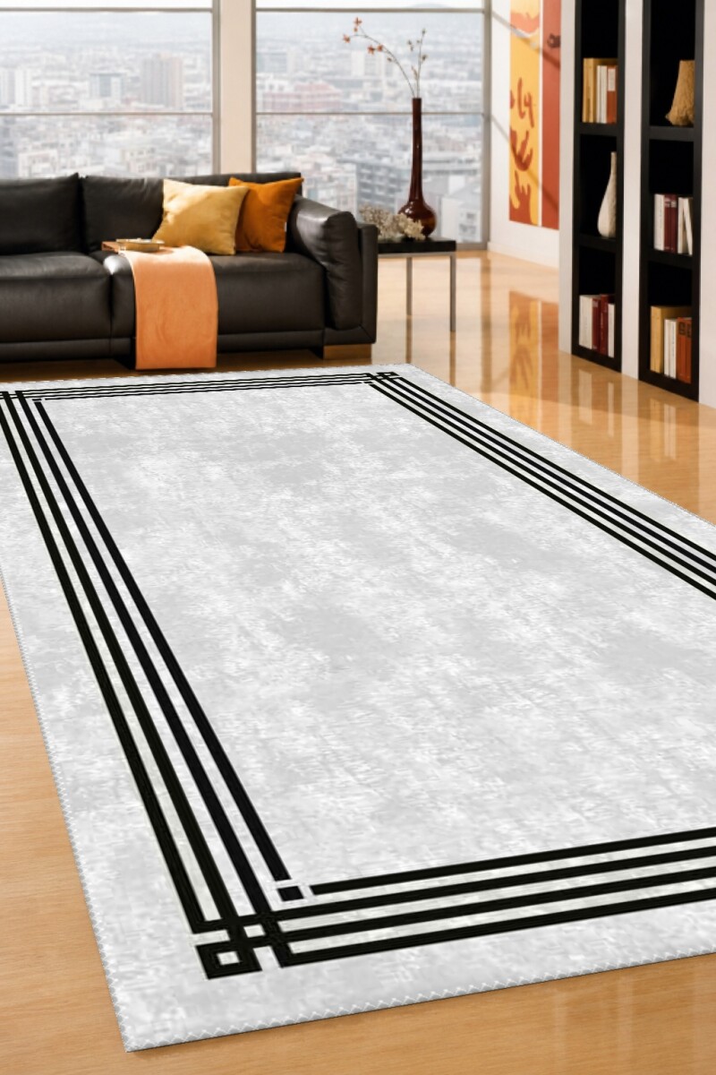 Minimalist Gri Mermer Doku Üçlü Çerçeveli Dekoratif Salon Halısı – Gri Siyah