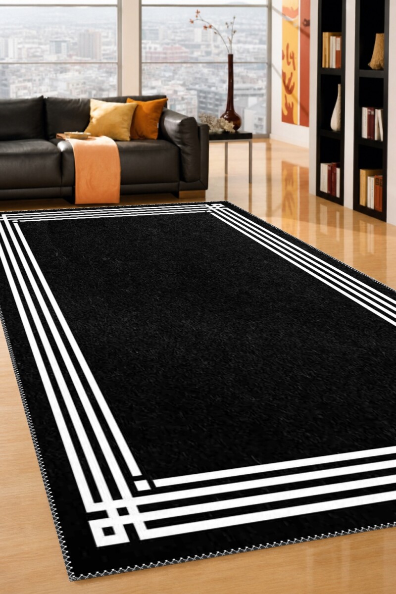 Minimalist Siyah Düz Yüzey Çift Çerçeve Bordürlü Salon Halısı — Siyah Beyaz
