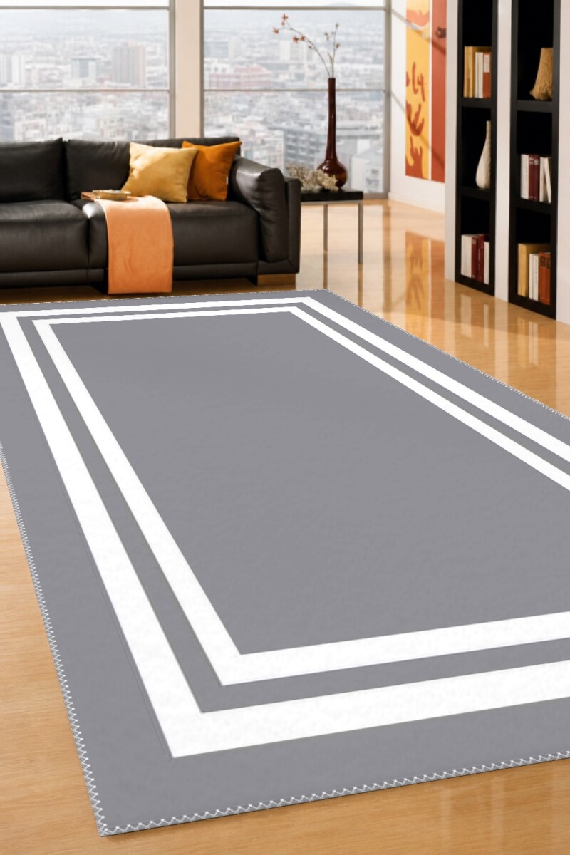 Minimalist Düz Gri Beyaz Çift Çerçeve Bordürlü Salon Halısı